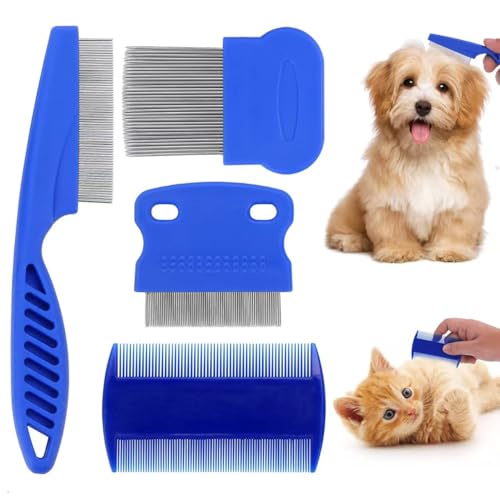4 Pack Stainless Steel Flea & Lice Combs for Dogs and Cats, Double Sided Grooming Tool with Rounded Teeth, Professional Dematting & Tear Stain Remover for Small, Medium & Large Pets