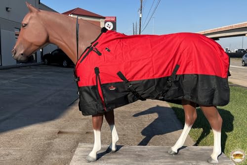 Waterproof Horse Turnout Sheet Hilason 1200D Rip-Stop Lightweight Rain Sheet with Belly Wrap Taffeta Lining Shoulder Gussets - color: Red With Black, size: 81 in