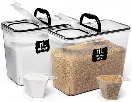 Shazo 2 PC (11L | 372 oz) Flour Sugar Storage Containers with Spout Lid & Easy Carry Handle - BPA Free Extra Large Airtight Food Storage Containers with Lids - Rice Canisters Sets for Kitchen & Pantry - color: Black