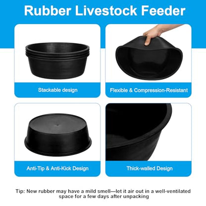 4 Pcs Rubber Feed Pan, 4 Quart 10.6 x 4.1 Inche Livestock Feeding Bucket, Dust Bath Container, Durable Utility Bowl for Horse Cats Dogs Chickens Ducks Goats Pigs and Farm Small Animal.