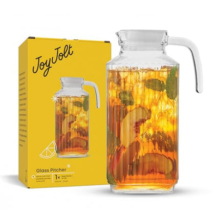 JoyJolt 60oz Glass Pitcher with Lid (2 Lids) - Beverage Serveware and Storage Container for Cold Drinks and Liquids. Juice Container, Water Jug, Fridge Pitcher for Iced Tea or Milk - size: 60 Ounces