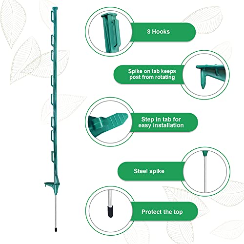 20 Pack 48inch Step-in Electric Fence Posts with Clips for Farm(Green) | 4 Ft Temporary Plastic Fence Stakes for Garden and Livestock Protection, No Dig Easy to Install and Move. - color: Green
