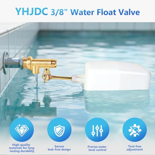 3/8" Water Float Valve, Heavy Duty 125 PSI Water Level Controller with Brass Adjustable Arm & Wingnut, 2.25 GPM Flow Pool Auto Fill Float Valve for Pools, Ponds, Fountains & Livestock Water Tanks