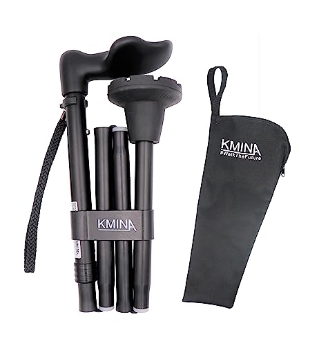 KMINA Folding Walking Cane for Women and Men, Palm Grip, Right Hand, Black - style: Right