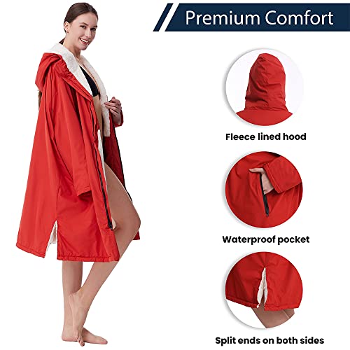 Oksun Waterproof Swim Parka: Windproof Sherpa Fleece Lined Surf Poncho - color: Sherpa Lining, Red