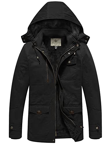 WenVen Men's Winter Thicken Fleece Cotton Military Parka Jacket Warm Coat - color: Black, size: Medium