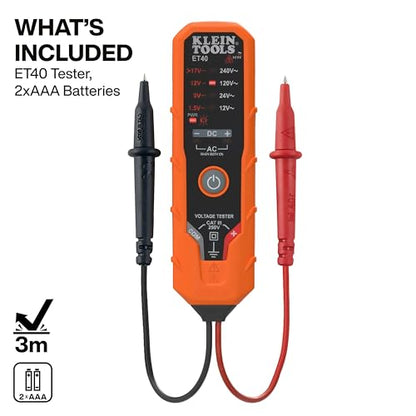 Klein Tools ET40 Digital AC/DC Voltage Tester, 12-240V AC, 1.5-24V DC, LED Illumination, DC Polarity, Auto Off, CAT III 250V-Class 2- Double Insulation, IP41 Dust and Water Resistant - size: 12/240 V Tester
