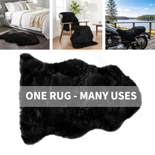 Super Area Rugs Black Sheepskin Rug Genuine Single 2x3ft Pelt Fluffy Fur Seat Cushion and Chair Cover - color: Dark Black, size: 2' x 3' (Natural)