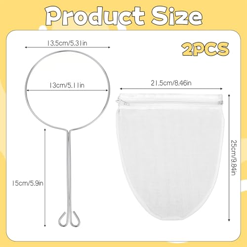 3Pcs Ultra Fine Mesh Reusable Strainer Bags with Stainless Steel Handle, Cheese Cloth Bag for Nut Milk, Juice Strainer, Fresh Cheese, Yogurt, 4.95"Wx9.6"D