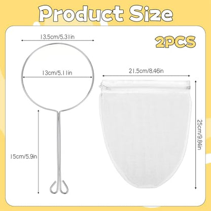 3Pcs Ultra Fine Mesh Reusable Strainer Bags with Stainless Steel Handle, Cheese Cloth Bag for Nut Milk, Juice Strainer, Fresh Cheese, Yogurt, 4.95"Wx9.6"D