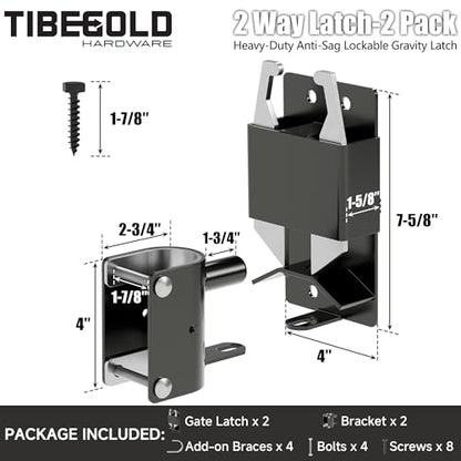 2 Way Gate Latch, Heavy Duty Two Way Farm Gate Latch, Black Anti-Sag Fence Gate Latch, Lockable Gravity Latch Gate Hardware for Fences, Metal Gates, Farm, Horse Corrals, Ranches, 2 Pack