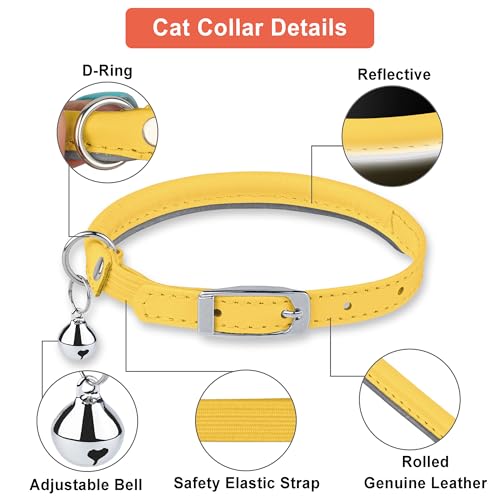 OOPSDOGGY Rolled Leather Cat Collar with Bell, Reflective Kitten Collars with Buckle Include Safety Elastic Strap - Adjustable Small Pet Collars for Boy Girl Cats (Yellow) - color: Yellow