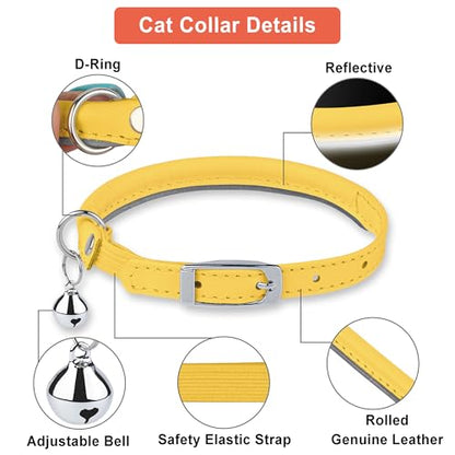 OOPSDOGGY Rolled Leather Cat Collar with Bell, Reflective Kitten Collars with Buckle Include Safety Elastic Strap - Adjustable Small Pet Collars for Boy Girl Cats (Yellow) - color: Yellow