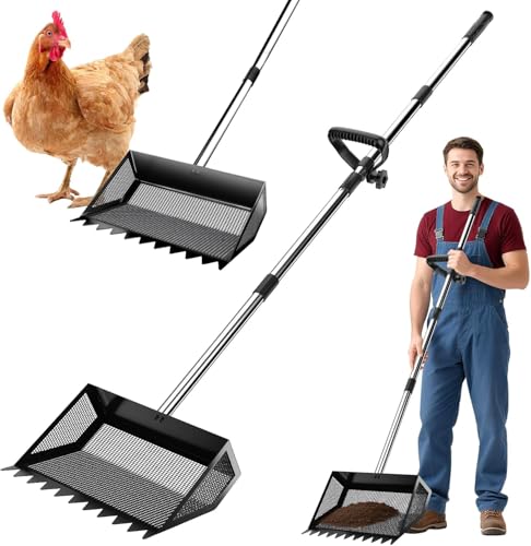 VEEMI Chicken Poop Scooper Rake 2-in-1,304 Stainless Steel Shovel Head, Chicken Litter Scoop with Handle for Chicken Coop for Sand, Pet Waste Cleaning, Litter Sifting Shovel (35 to 65") - color: Black
