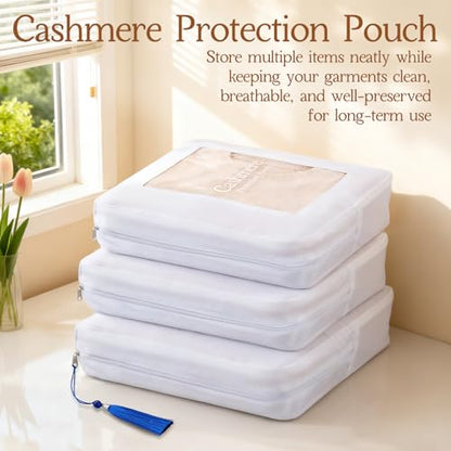 4 Pack Cashmere Protection Pouch, Cotton Sweater Storage Bags with Zippers Tassel and Organza Panel, Moth Proof Breathable Dustproof Clothing Organizer for Wool, Cashmere Lovers Gift（Large） - size: Large