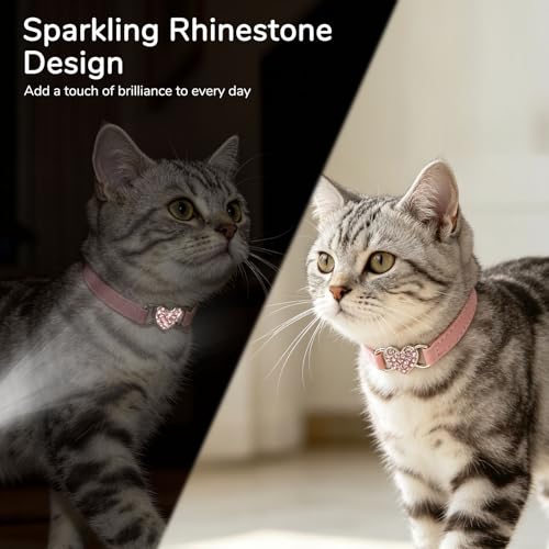 BINGPET Diamond Cat Collar with Bell, Adjustable Kitten Collar, Pink - color: Pink(Heart), size: Neck Girth 8"-10"
