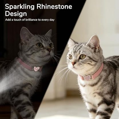 BINGPET Diamond Cat Collar with Bell, Adjustable Kitten Collar, Pink - color: Pink(Heart), size: Neck Girth 8"-10"