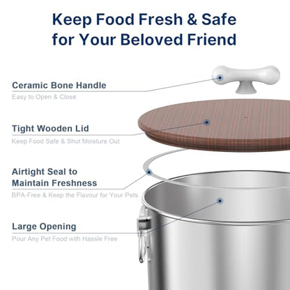 2 Pack 35 lb Stainless Steel Dog Food Storage Container Set with Wooden Lid - size: 35 lbs - 2pk