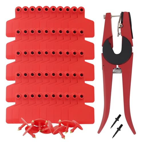 100 PCS Blank Cattle Ear Tags with Pliers TPU Flexible Livestock Identification Tags for Cow Sheep Goat Pig, Farm Animal Management Supply Kit (Red, Standard Size-3 * 2.4") - color: Red, size: Standard size-3*2.4"