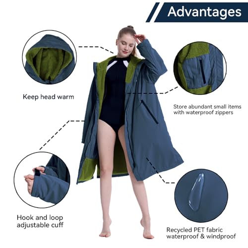 Oksun Waterproof Swim Parka: Windproof Sherpa Fleece Lined Surf Poncho - color: Sherpa Lining, Navy