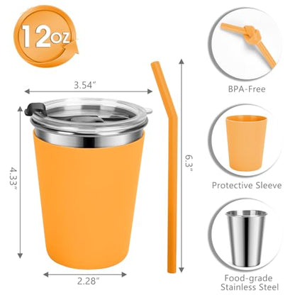 Stainless Steel Kids Cups with Lids, 5 Pack 12oz Spill Proof Cups - color: Orange, Green, Light Blue, Pink, Yellow