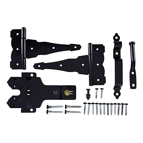 National Hardware N109-308 V8422 Deluxe Decorative T-Hinge Gate Kit Black Steel Finish Hinges with Latch Strike Pull for Wood Vinyl Metal Outdoor Fence Gates, 2 Count (Pack of 5) - size: Pack of 5