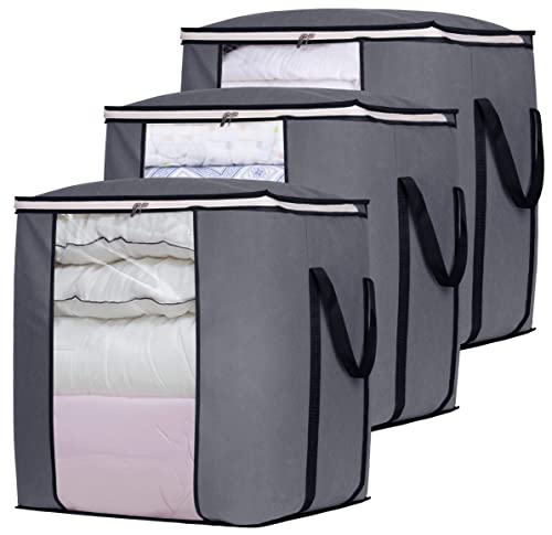 SLEEPING LAMB 120L Oversized Blanket Storage Bags Sturdy Fabric Clothes Storage Containers for King Comforter Bedding Pillow Sheet, Grey, 3 Packs - size: 20"L x 16"W x 22.3"H