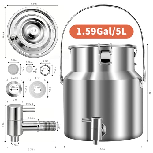 304 Stainless Steel Water Dispenser with Faucet, Thickened Milk Can with Handle, Sealing Ring and Instruction Manual, 5L Stainless Steel Water Jug for Milk, Water, Tea, Juice and Beverage Storage - size: 5L