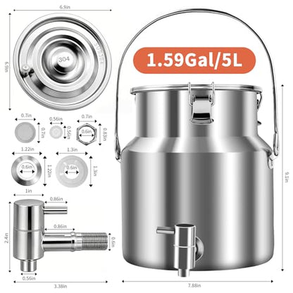 304 Stainless Steel Water Dispenser with Faucet, Thickened Milk Can with Handle, Sealing Ring and Instruction Manual, 5L Stainless Steel Water Jug for Milk, Water, Tea, Juice and Beverage Storage - size: 5L
