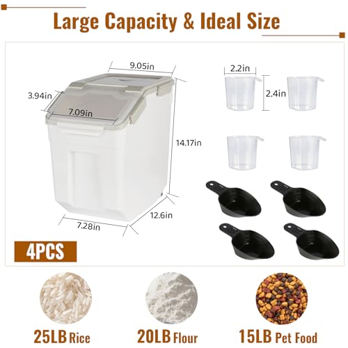 4 Pack Rice Container 25 lbs Large Bulk Flour Sugar Storage Holdhouse Plastic Grain Cereal Dry Goods Bin with Spoon and Measuring Cup for Kitchen Pantry Organization - Grey - color: Grey, 4 Pack