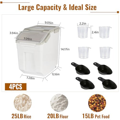 4 Pack Rice Container 25 lbs Large Bulk Flour Sugar Storage Holdhouse Plastic Grain Cereal Dry Goods Bin with Spoon and Measuring Cup for Kitchen Pantry Organization - Grey - color: Grey, 4 Pack
