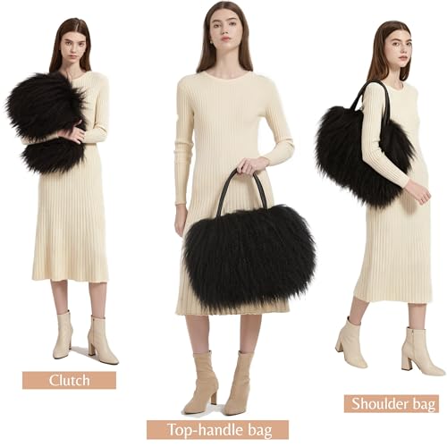 Women Luxury Real Curly Mongolian Lamb Fur Purse - color: Black