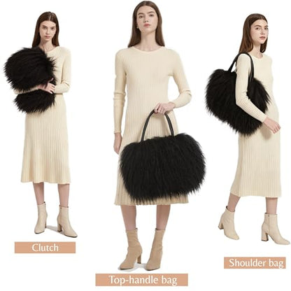 Women Luxury Real Curly Mongolian Lamb Fur Purse - color: Black