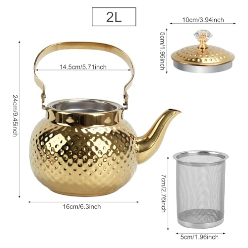 2L Hammered Tea Kettle Stovetop, Gold Tea Pot with Straine for Stove - color: Gold-2L