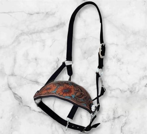 Majestic Ally Equestrian Designer Bronc Halter for Horses, Hand-Tooled Leather Nose, Padded Nylon Crown and Noseband - style: Orange Sunflower