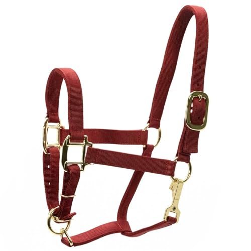 Jeffers Adjustable Nylon Horse Halter w/Throat Snap, 3 Ply Webbing, Chin Strap, Heavy Duty Throat Snap, Sturdy Hardware, Equine Halter for Training, Leading - color: Red, size: Yearling Horse (400-600 lb)