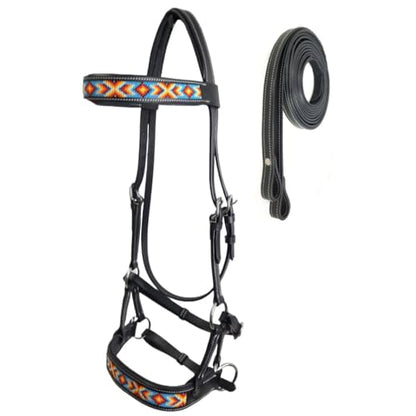 Tahoe Bitless Leather Horse Bridle - Turquoise Navajo Beaded Browband & Noseband with Split Reins, 1-Year Warranty - color: Black