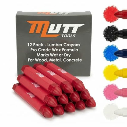 Mutt Tools Red Lumber Crayons 12 Pack - Construction Crayon | Red, 12 Pack, Wax Formula, Hexagonal Grip, High Visibility - color: Red