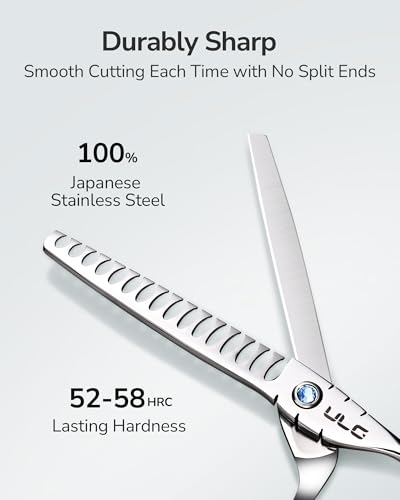 ULG Hair Thinning Scissors 6.7” Shark Series 100% Japanese Stainless Steel, Offset Handle, 16-Tooth Fishbone Chunker 45% Hair Removal, Professional Barber Layering Shears for Salon & Home Hair Styling - color: Blue01