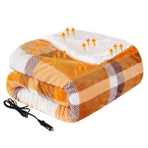 Westinghouse Heated Car Throw, Machine Washable, 59x43 Orange Buffalo Plaid - color: Orange Plaid