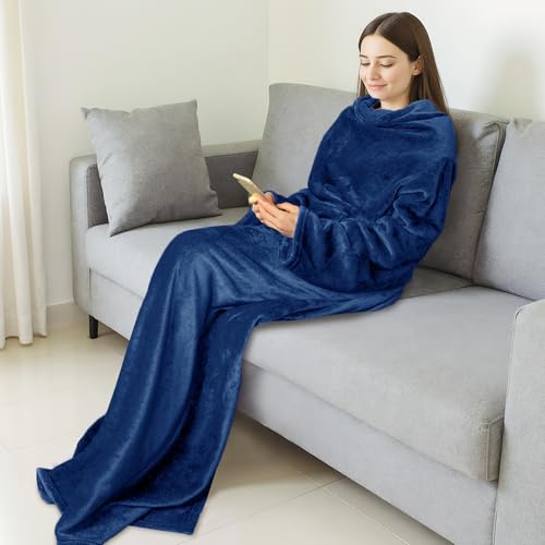 Catalonia Wearable Blanket with Sleeves for Women & Men, Fleece Wrap Throw - color: Navy