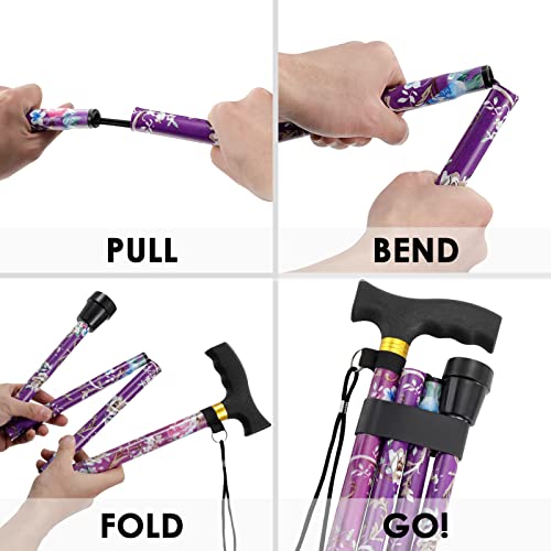 Walking Cane PANZHENG Cane for Man/Woman | Mobility & Daily Living Aids | 5-Level Height Adjustable Walking Stick | Comfortable Plastic T-Handle Portable Walking Stick Folding Cane - color: Cane-Purple print
