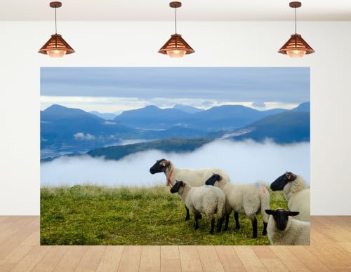 5x3ft Fabric Black Face Wool Sheep Backdrop Green Highland Meadow Misty Fjord Mountain Overcast Sky Photography Background Tapestry Party Alpine Pasture Decorations Photo Booth Props - size: 5x3ft