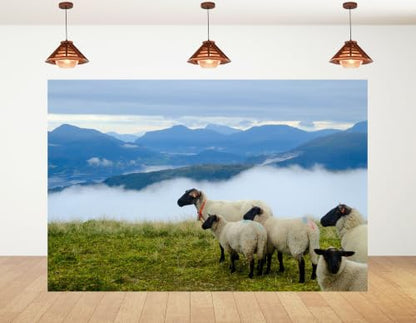 5x3ft Fabric Black Face Wool Sheep Backdrop Green Highland Meadow Misty Fjord Mountain Overcast Sky Photography Background Tapestry Party Alpine Pasture Decorations Photo Booth Props - size: 5x3ft