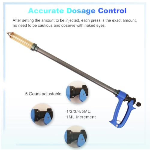 50ML Long-Handled Semi Automatic Livestock Syringe Long Arms Vaccine Gun | Long Handle Cattle Syringe, 5 Gears Dosage Adjustable Luer Lock Syringe, Continuous Repeating Veterinary Syringe
