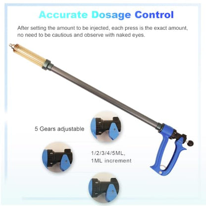 50ML Long-Handled Semi Automatic Livestock Syringe Long Arms Vaccine Gun | Long Handle Cattle Syringe, 5 Gears Dosage Adjustable Luer Lock Syringe, Continuous Repeating Veterinary Syringe