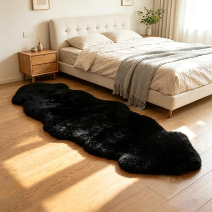 Genuine Sheepskin Rug Natural Wool Fluffy Soft Like Cloud|2 * 6 FT - color: Black, size: 2' x 6' (sheepskin)