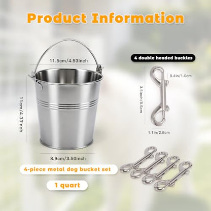 4 Pack 1 Quart Stainless Steel Hanging Pet Bucket with 4 Double End Snap Hooks, Heavy Dog Water Food Pail for Crate Kennel Cage, Rust Proof Farm Feeder Bowl for Dogs Cats Rabbit Chicken