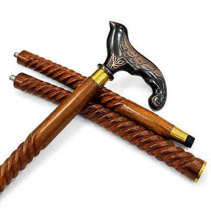 Handmade Solid Brass Head Handle Vintage Style Antique Wooden Walking Stick Cane Gift (3 Fold Wooden Walking Cane) - style: Swallow Bird walking handle stick