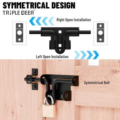 Heavy Duty Slide Bolt Gate Latch, Slide Latches with Padlock Hole, 2 Pack | Extra Security Slide Bolt Hardware for Wooden Fence/Yard Fence/Shed Door/Barn Door, Black Powder Coated